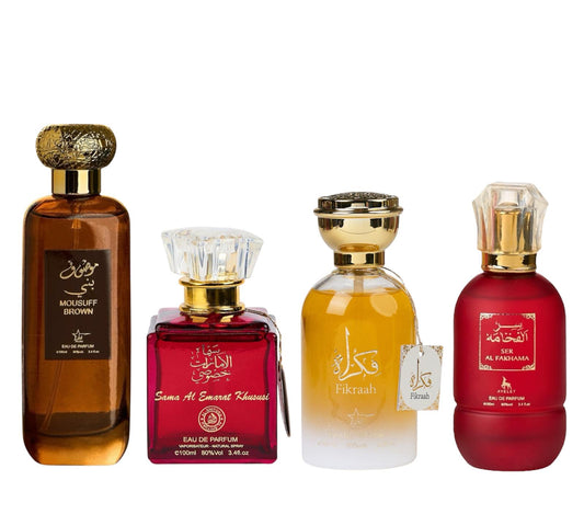 Set 4 Parfumuri Orientale ( 2xDama + 2xBarbat) - Mousuff Brown + Sama Al Emarat + Fikrah+ Ser Al Fakhama