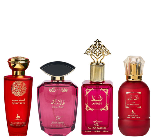 Set 4 Parfumuri Orientale de Dama - Qissat Hub Red + Lamast + Ghala Zayed Pink + Ser al Fakhama