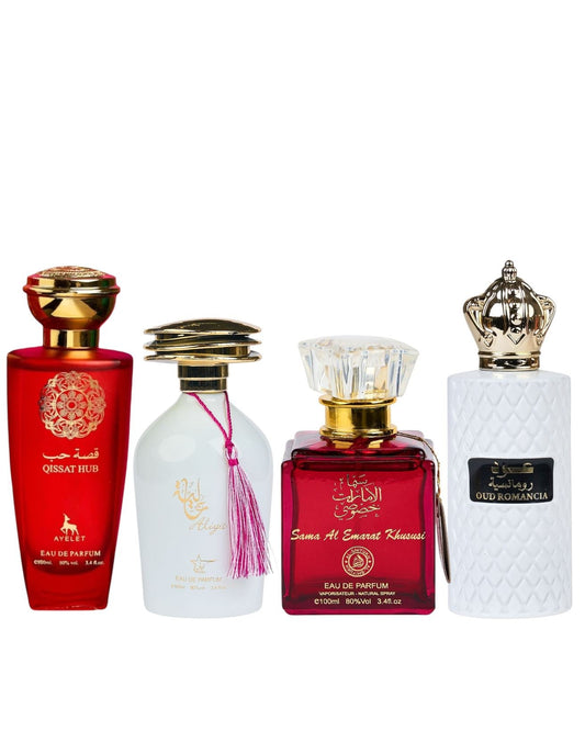 Set 4 Parfumuri Orientale De Dama - Qissat Hub Red + Aliya + Sama Al Emarat + Oud Romancia