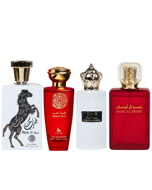 Set 4 Parfumuri Orientale ( 2xDama + 2xBarbat) - Malik al Arab + Qissat Hub Red + Oud Romancia + Ramz Aryan