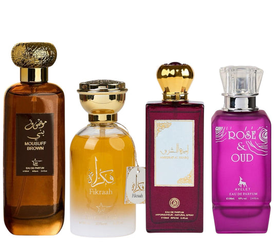 Set 4 Parfumuri Orientale ( 2xDama + 2xBarbat ) - Mousuff Brown + Fikrah + Rose & Oud+ Ameerat Purple