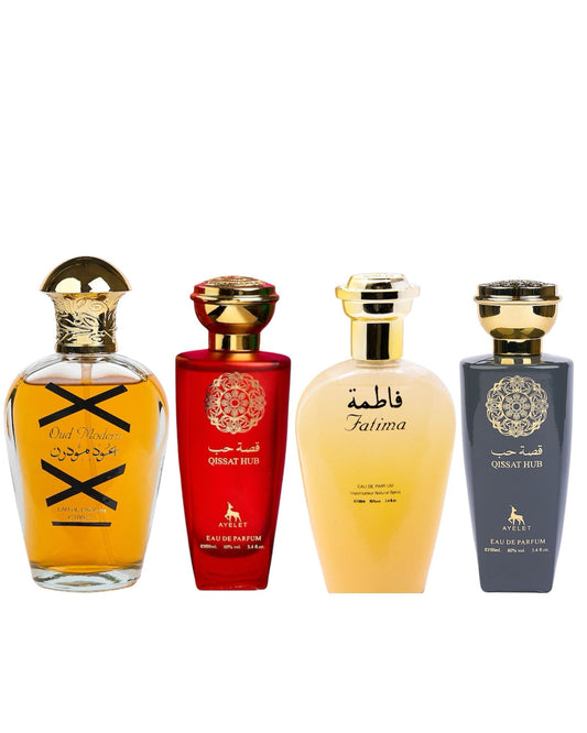 Set 4 Parfumuri Orientale ( 2xDama + 2xBarbat ) - Modern Oud + Qissat Hub Red + Fatima + Qissat Hub Grey