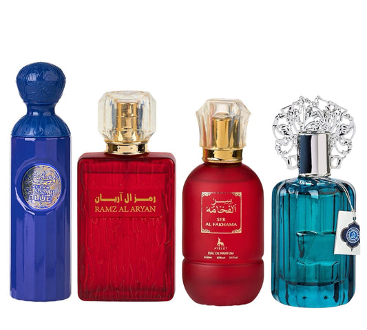 Set 4 Parfumuri Orientale ( 2xDama + 2xBarbat) - Gissah Blue + Ramz Al Aryan + Ser Al Fakhama + Majd al Emarat