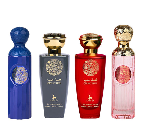 Set 4 Parfumuri Orientale ( 2xDama + 2xBarbat ) - Attar Gissah Blue + Qissat Hub Grey + Qissat Hub Red + Attar  Gissah Red