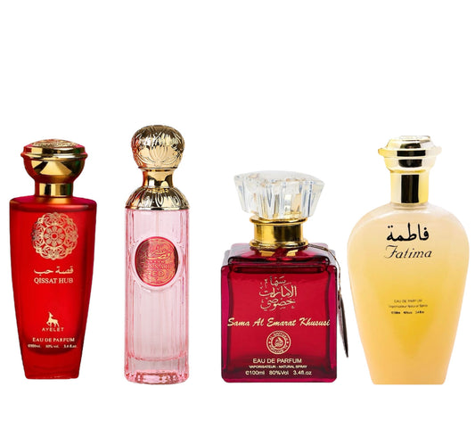 Set 4 Parfumuri Orientale de Dama - Qissat Hub Red + Attar Gissah Red  + Sama Al Emarat + Fatima