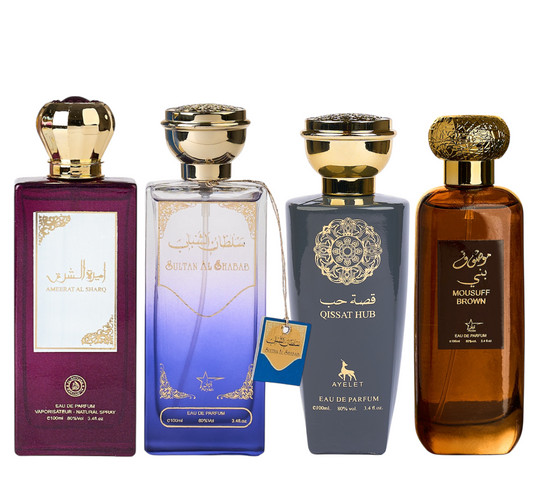 Set 4 Parfumuri Orientale de Barbati -  Ameerat Al Sharq + Sultan Al Shabab + Qissat Hub Grey + Mousuff Brown