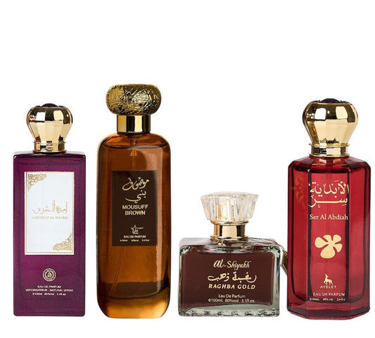 Set 4 Parfumuri Orientale ( 2xDama + 2xBarbat ) - Ameerat Sharq + Mousuff Brown + Raghba Gold + Ser al Abdiah