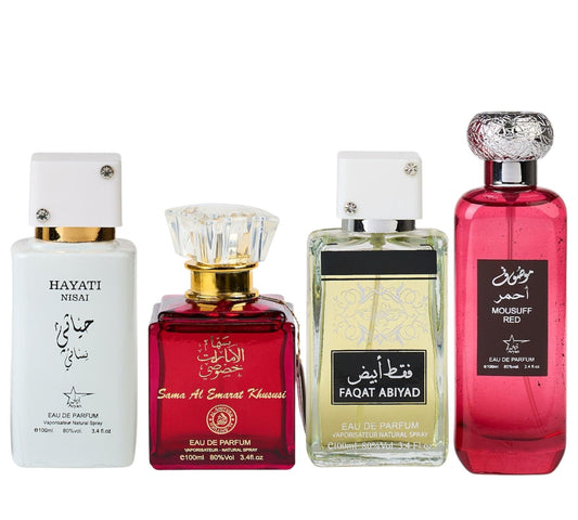 Set 4 Parfumuri Orientale de Dama - Hayati Nisai + Sama Al Emarat + Faqat + Mousuff Red