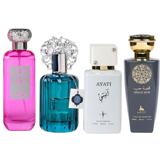 Set 4 Parfumuri Orientale ( 2xDama + 2xBarbat) - Mousuff Pink + Majd Al Emarat + Ayati White + Qissat Hub Grey